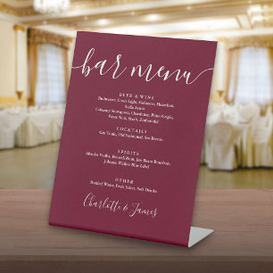 Burgundy Signature Script Wedding Bar Menu Sockelschild