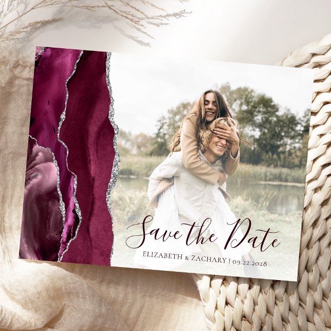 Burgundy Silver Agate Custom Foto Save the Date Postkarte (Von Creator hochgeladen)
