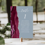Burgundy Silver Agate Dusty Blue Wedding Tischnummer<br><div class="desc">Der links Rand dieser eleganten,  modernen Hochzeitskarte mit einer bordeauxroten Aquarellgrenze,  die mit Imitaten aus silberfarbenem Glitzer bestickt ist. Das Wort "Tabelle" erscheint in einem weißen Schriftskript auf einem staubblauen Hintergrund. Fügen Sie die Namen Ihrer Gäste hinzu,  die jeder Tabelle zugeordnet sind.</div>