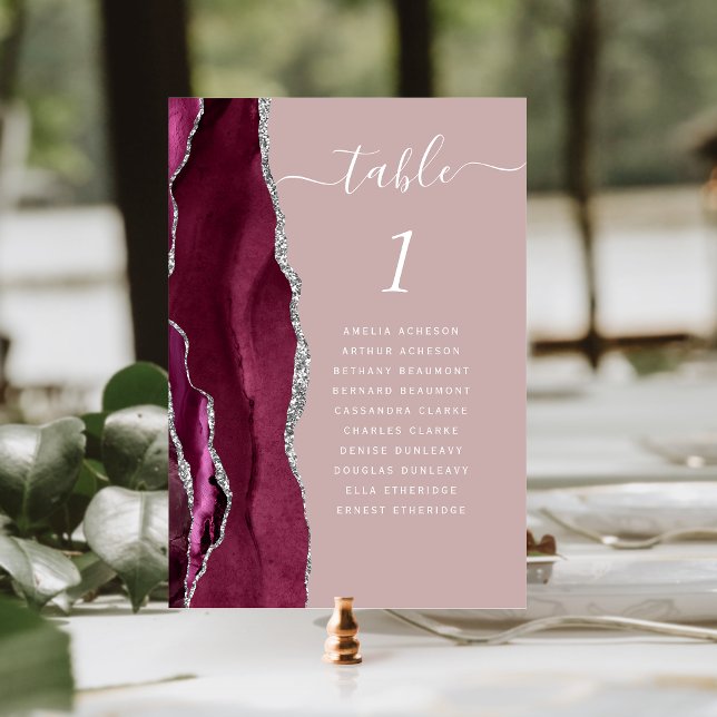 Burgundy Silver Agate Dusty Rose Wedding Tischnummer (Von Creator hochgeladen)
