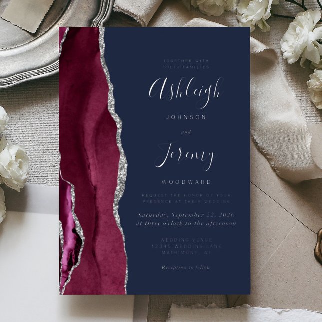 Burgundy Silver Agate Navy Blue Modern Wedding Folieneinladung (Von Creator hochgeladen)
