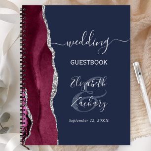 Burgundy Silver Agate Navy Blue Wedding Guest Notizbuch
