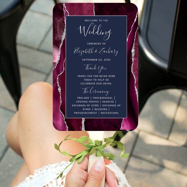 Burgundy Silver Agate Navy Blue Wedding Program Fächer (Von Creator hochgeladen)