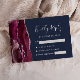 Burgundy Silver Agate Navy Blue Wedding RSVP Card