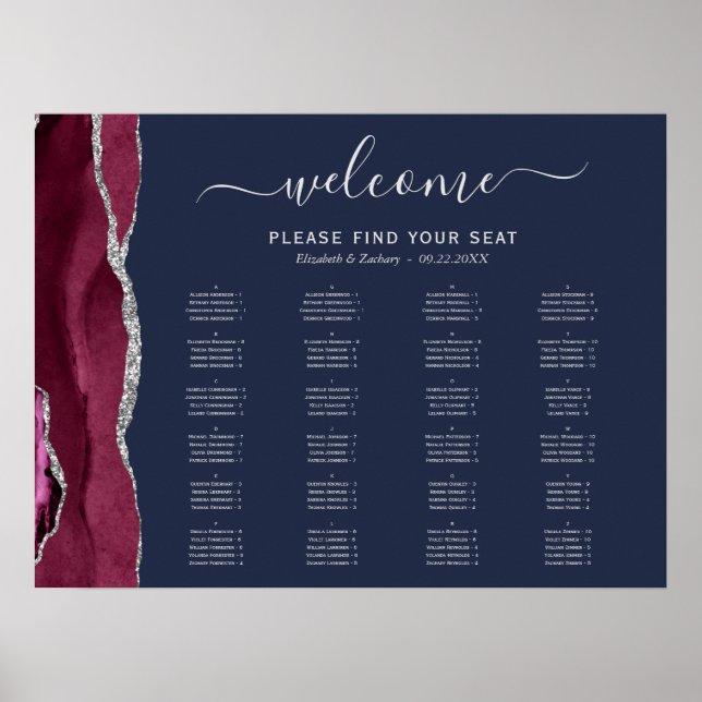 Burgundy Silver Agate Navy Blue Wedding Seating Poster (Vorne)