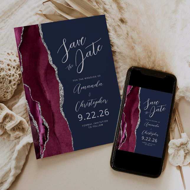 Burgundy Silver Agate Script Navy Save the Date Ankündigung (Von Creator hochgeladen)