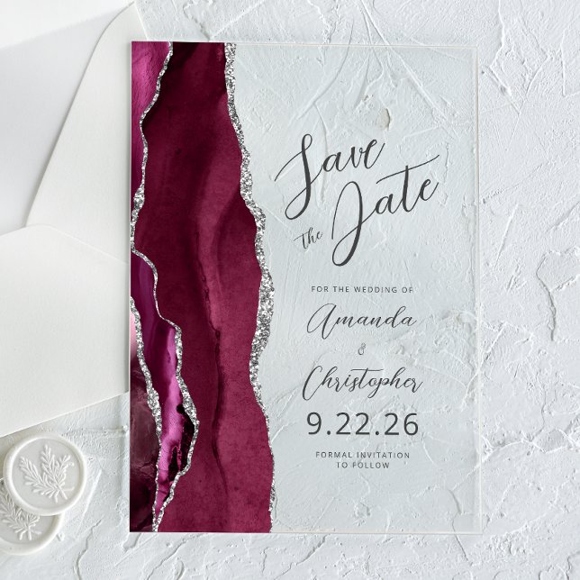 Burgundy Silver Agate Script Save the Date Acryleinladungen (Von Creator hochgeladen)