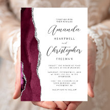 Burgundy Silver Agate Script Wedding