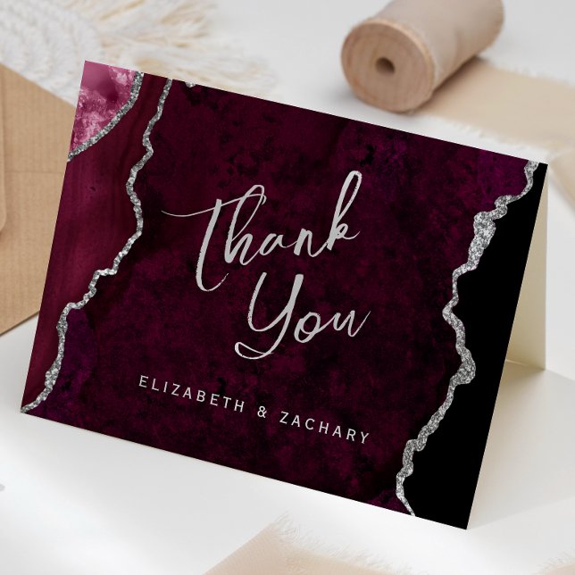 Burgundy Silver Agate Script Wedding Thank You Karte (Von Creator hochgeladen)