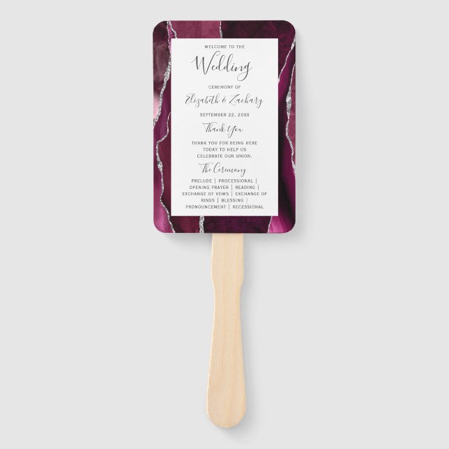 Burgundy Silver Agate Wedding Program Fächer (Vorderseite)