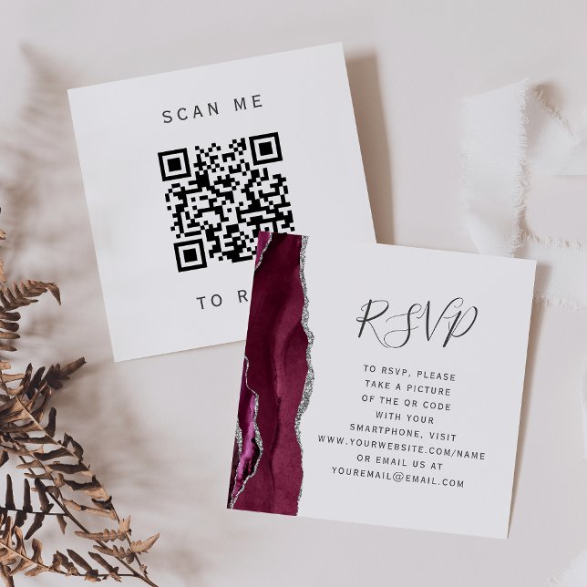 Burgundy Silver Agate Wedding QR Code UAWG Begleitkarte (Von Creator hochgeladen)