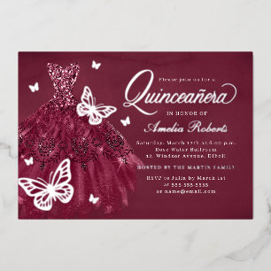 Burgundy Silver Butterfly Dress Quinceanera Folieneinladung
