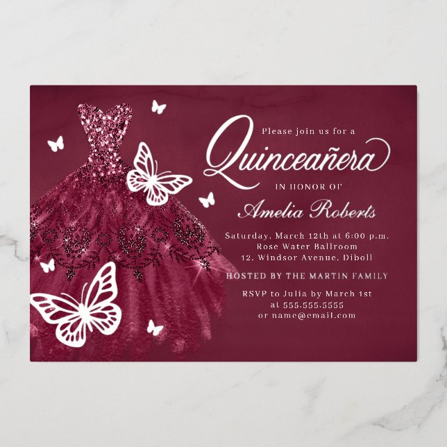 Burgundy Silver Butterfly Dress Quinceanera Folieneinladung (Vorderseite)