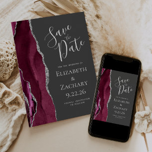 Burgundy Silver Charcoal Graues Foto Save the Date Einladung