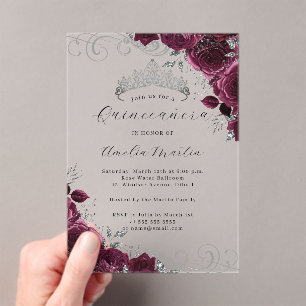 Burgundy Silver Clear Acrylic Floral Quinceanera Acryleinladungen