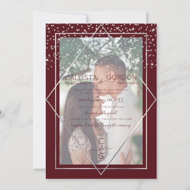 Burgundy Silver Confetti Geo Border Foto Wedding Einladung (Vorderseite)