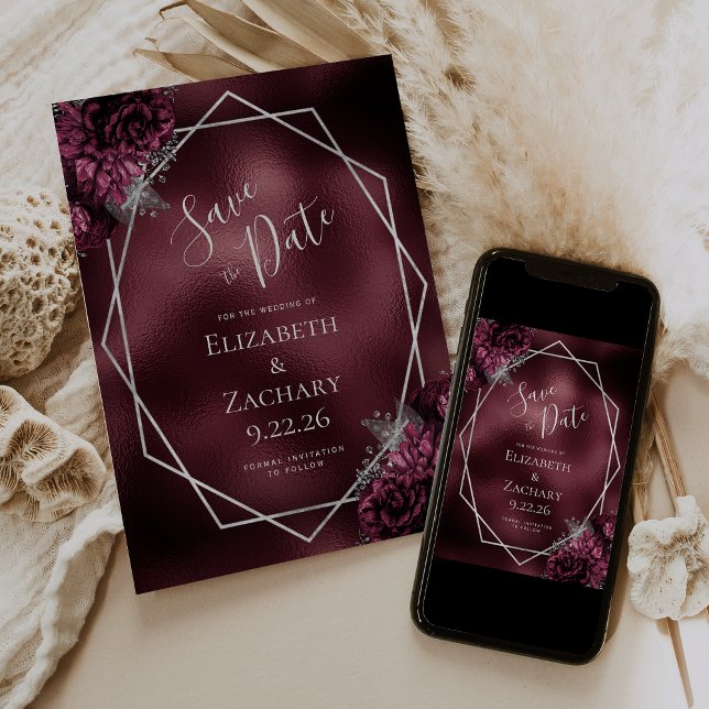 Burgundy Silver Floral Geometric Save the Date (Von Creator hochgeladen)
