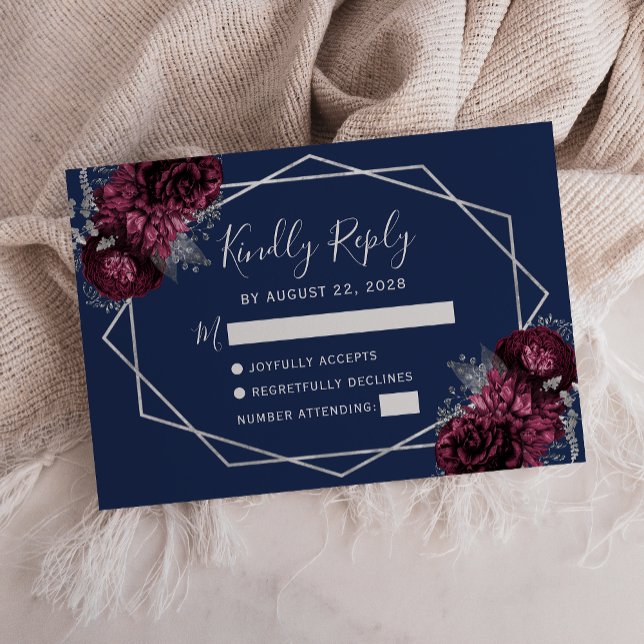 Burgundy Silver Floral Navy Blue RSVP Karte (Von Creator hochgeladen)