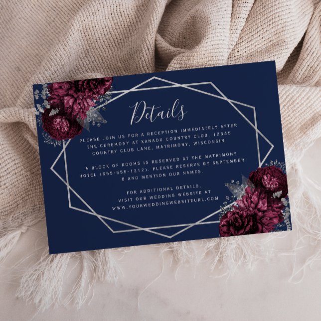 Burgundy Silver Floral Navy Blue Wedding Details Begleitkarte (Von Creator hochgeladen)