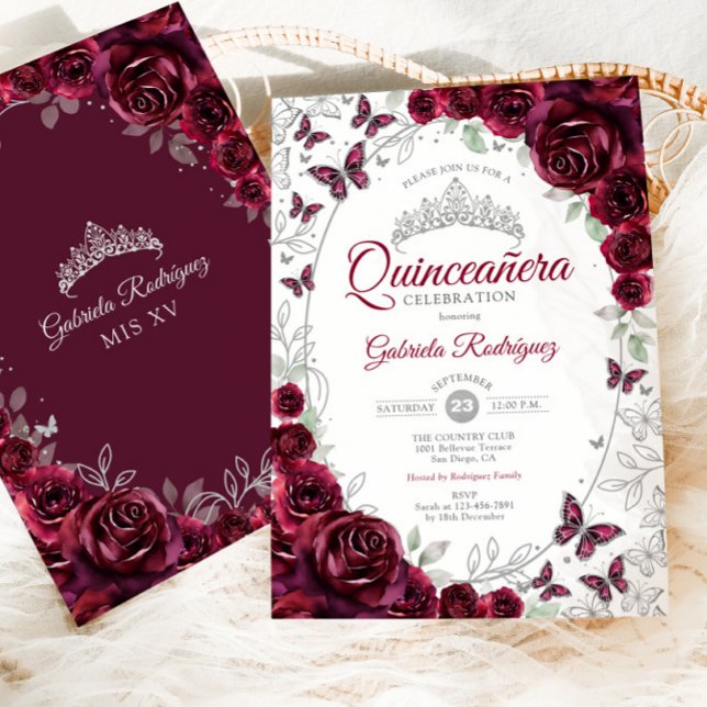 Burgundy Silver Floral Quinceanera Einladung (Von Creator hochgeladen)