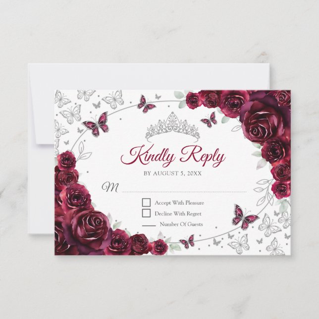 Burgundy Silver Floral Quinceanera Reply RSVP Karte (Vorderseite)