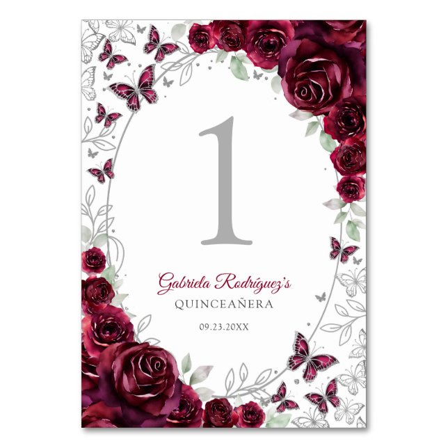 Burgundy Silver Floral Quinceanera Tischnummer (Vorderseite)