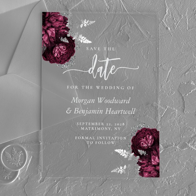 Burgundy Silver Floral Wedding Save the Date Acryleinladungen (Von Creator hochgeladen)