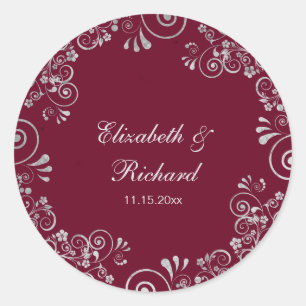 Burgundy Silver Gray Script Blumenzeremonie Runder Aufkleber