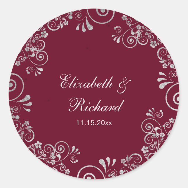 Burgundy Silver Gray Script Blumenzeremonie Runder Aufkleber (Vorderseite)