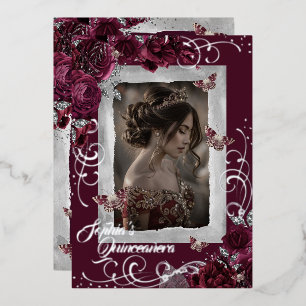 Burgundy Silver Quinceanera Foto Rose Butterfly Folieneinladung