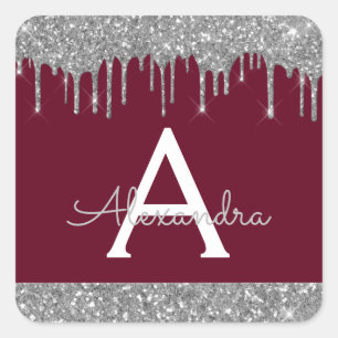 Burgundy Silver Sparkle Glitzer Monogram Quadratischer Aufkleber