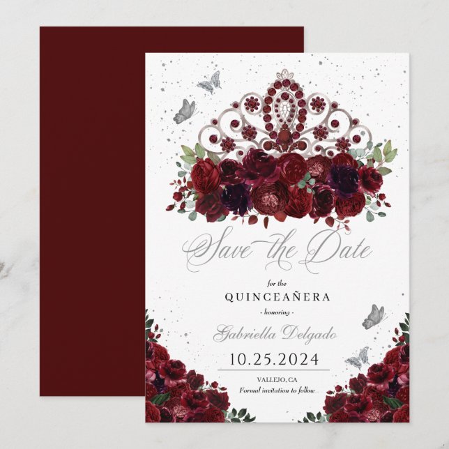 Burgundy & Silver Tiara Save the Date Quinceañera Einladung (Vorne/Hinten)