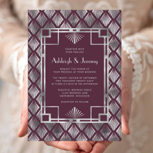 Burgundy Silver Vintag Deko Pattern Wedding Einladung