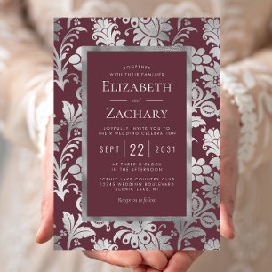 Burgundy Silver Vintage Blumenmuster Hochzeit Einladung