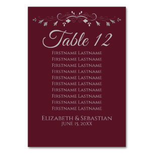 Burgundy SilverFlourish Wedding Seating Chart Tischnummer