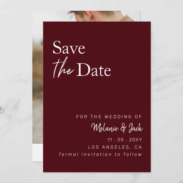 Burgundy Simple Calligraphy Foto Save the Date (Vorne/Hinten)