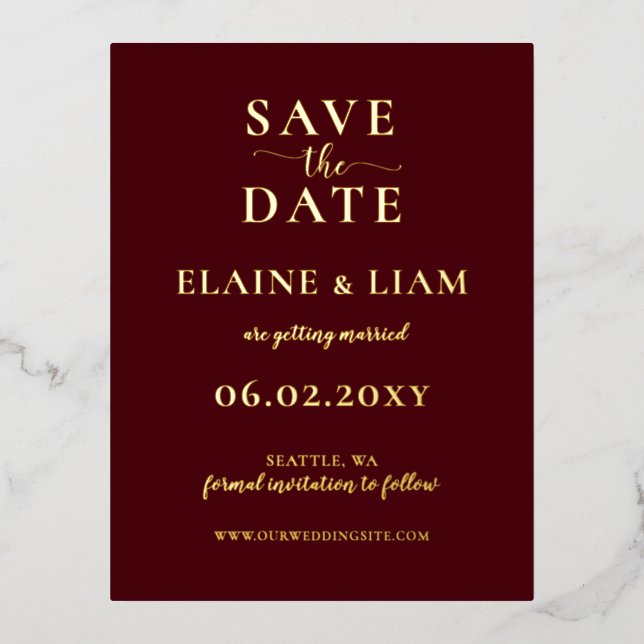 Burgundy Simple Calligraphy Luxe Save the Date Folie Einladungspostkarte (Vorderseite)