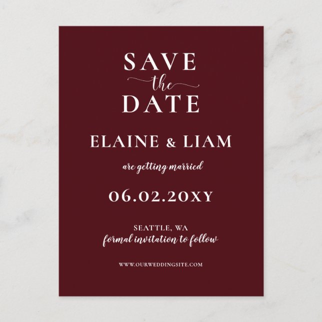 Burgundy Simple Calligraphy Save the Date Ankündigungspostkarte (Vorderseite)