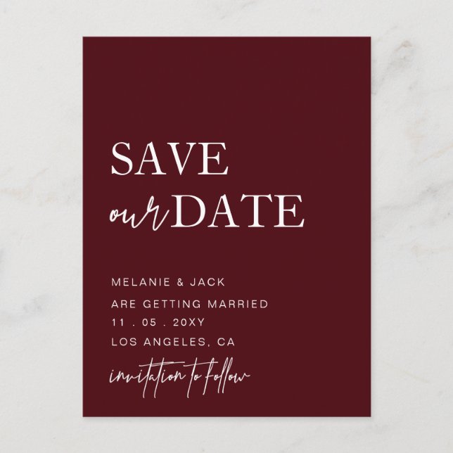 Burgundy Simple Calligraphy Save the Date Ankündigungspostkarte (Vorderseite)
