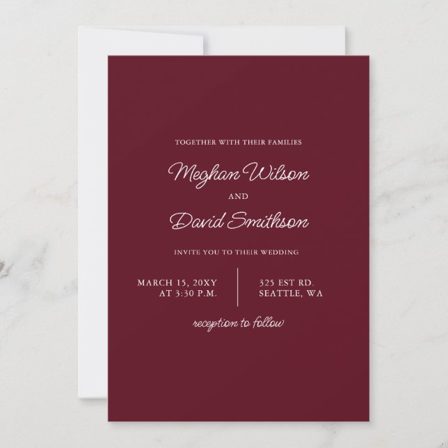 Burgundy Simple Elegante Moderne Hochzeitseinladun Einladung (Vorderseite)