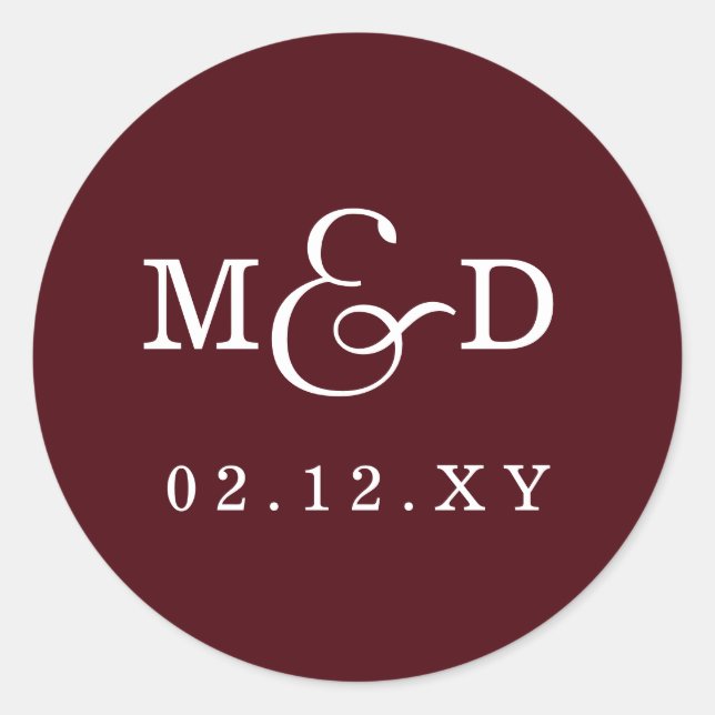 Burgundy Simple Modern Monogram Wedding Runder Aufkleber (Vorderseite)