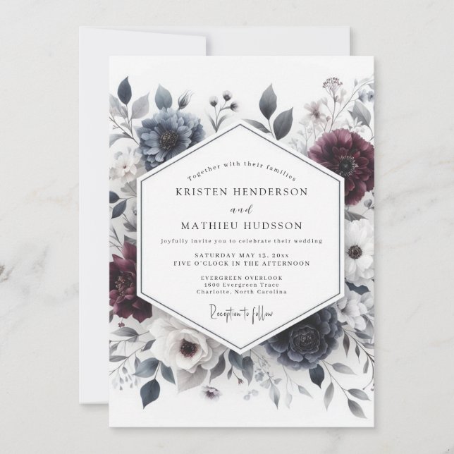 Burgundy & Slate Ethereal Bloom Wedding Einladung (Vorderseite)