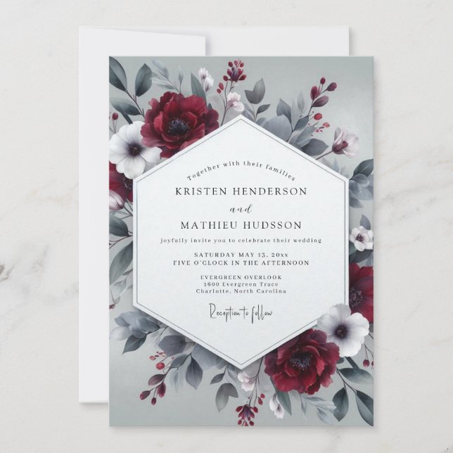 Burgundy Slate Wintry Bloom Wedding Einladung (Vorderseite)