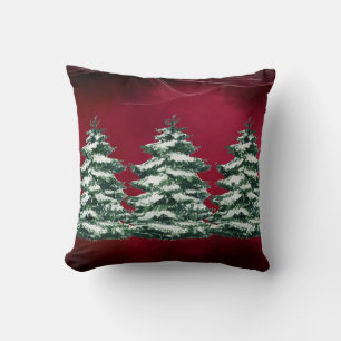 Burgundy Snowy Evergreen Trees Throw Kissen