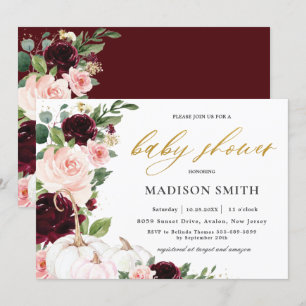 Burgundy Soft Blush Floral Pumpkins Baby Dusche Einladung