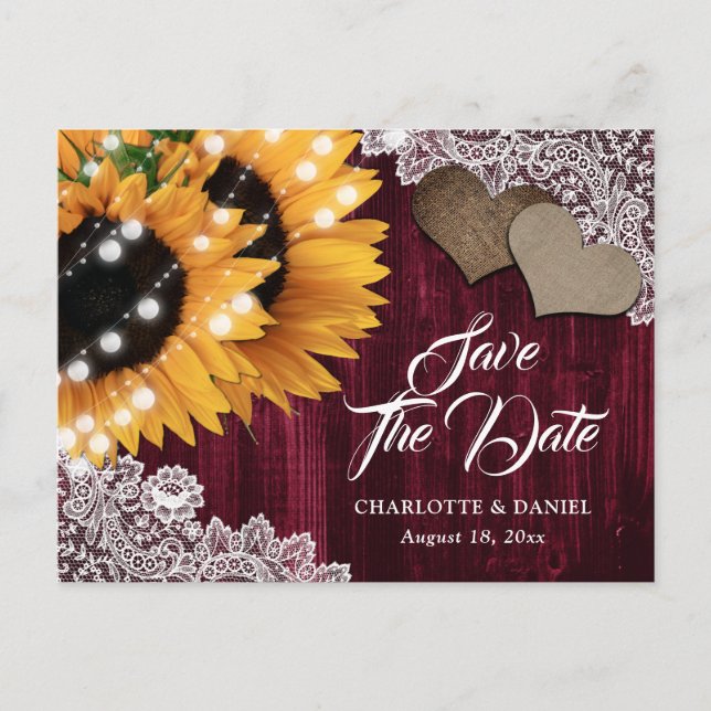 Burgundy Sonnenblume Hochzeit speichern Datum Post Ankündigungspostkarte (Vorderseite)