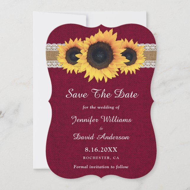 Burgundy Sonnenblume Rustic Burlap Lace Wedding Save The Date (Vorderseite)