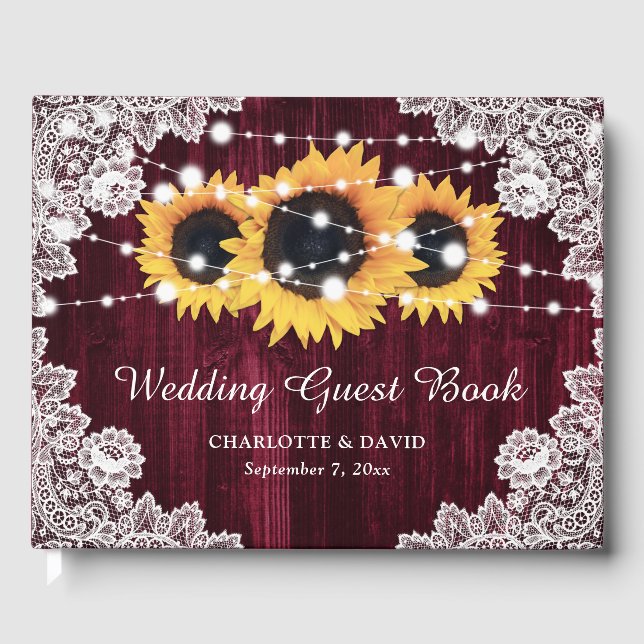 Burgundy Sonnenblume Rustic Wood Lace Wedding Gästebuch (Vorderseite)