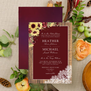 Burgundy Sonnenblume Rustic Wood Script Wedding In Einladung