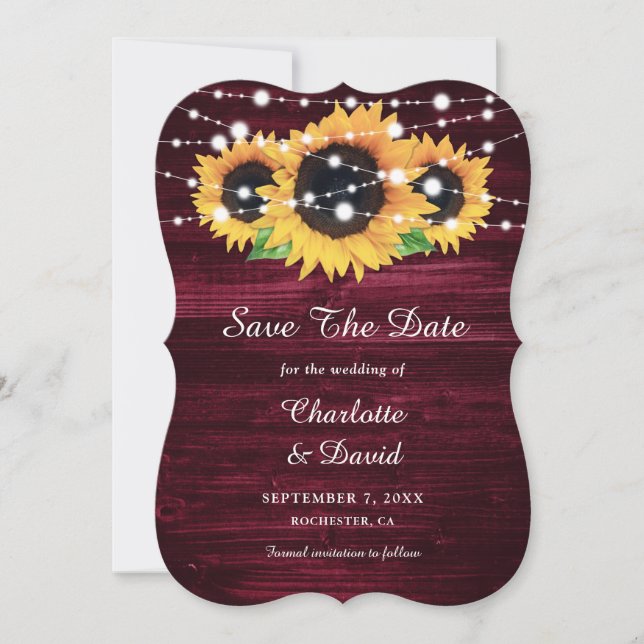 Burgundy Sonnenblume Rustikale Holz String Lights Save The Date (Vorderseite)